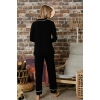 Kadın Siyah Düğmeli Uzun Kol Pamuklu Likralı Pijama Takım