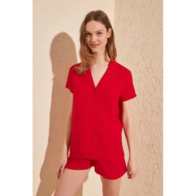Kırmızı Viskon Dokuma Pijama Takımı 