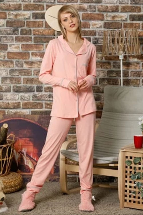 Kadın Somon Düğmeli Uzun Kol Pamuklu Likralı Pijama Takım