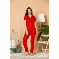 Kadın Kırmızı Düğmeli Pijama Takım