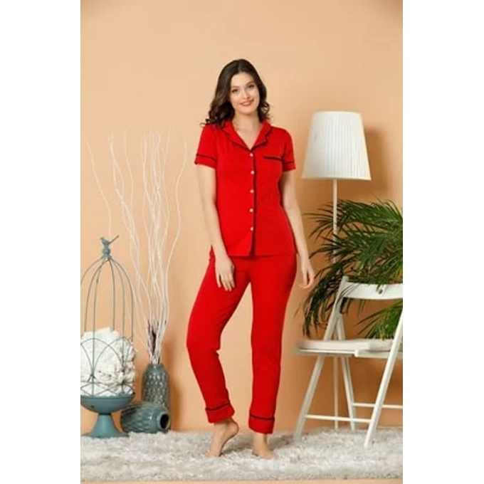 Kadın Kırmızı Düğmeli Pijama Takım