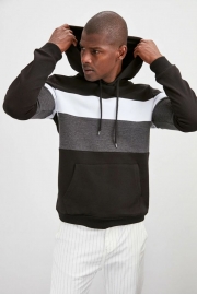Siyah Erkek Kapüşonlu Panelli Kanguru Cepli Sweatshirt