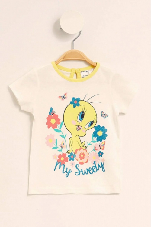 Ekru Kız Bebek Tweety Baskılı Lisanslı Kısa Kollu T-Shirt