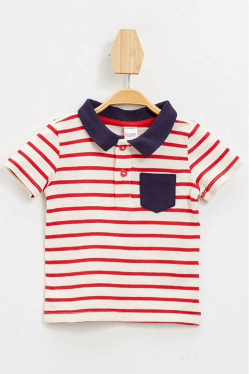 Erkek Bebek Çizgili Tek Cepli Polo Yaka T-shirt